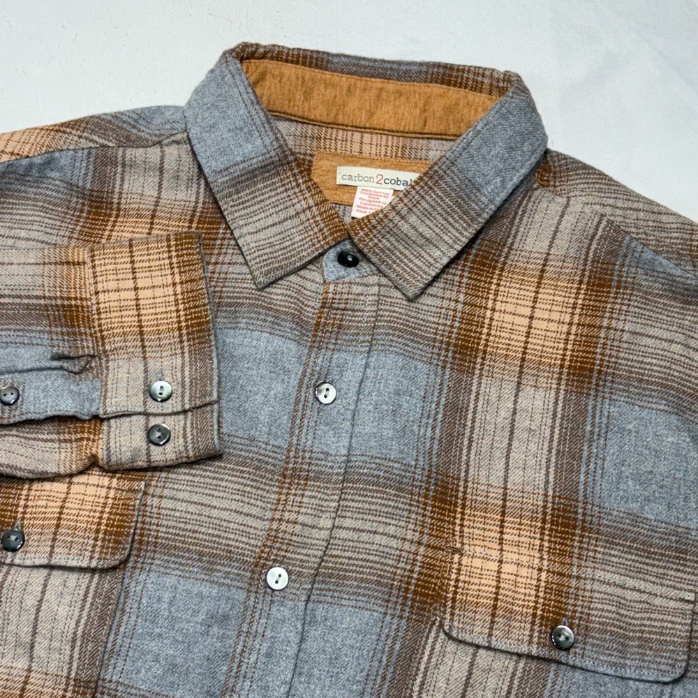 Carbon2Cobalt Plaid Flannel Shirt Mens L Grey Tan Cotton Button Up 133841 Rugged